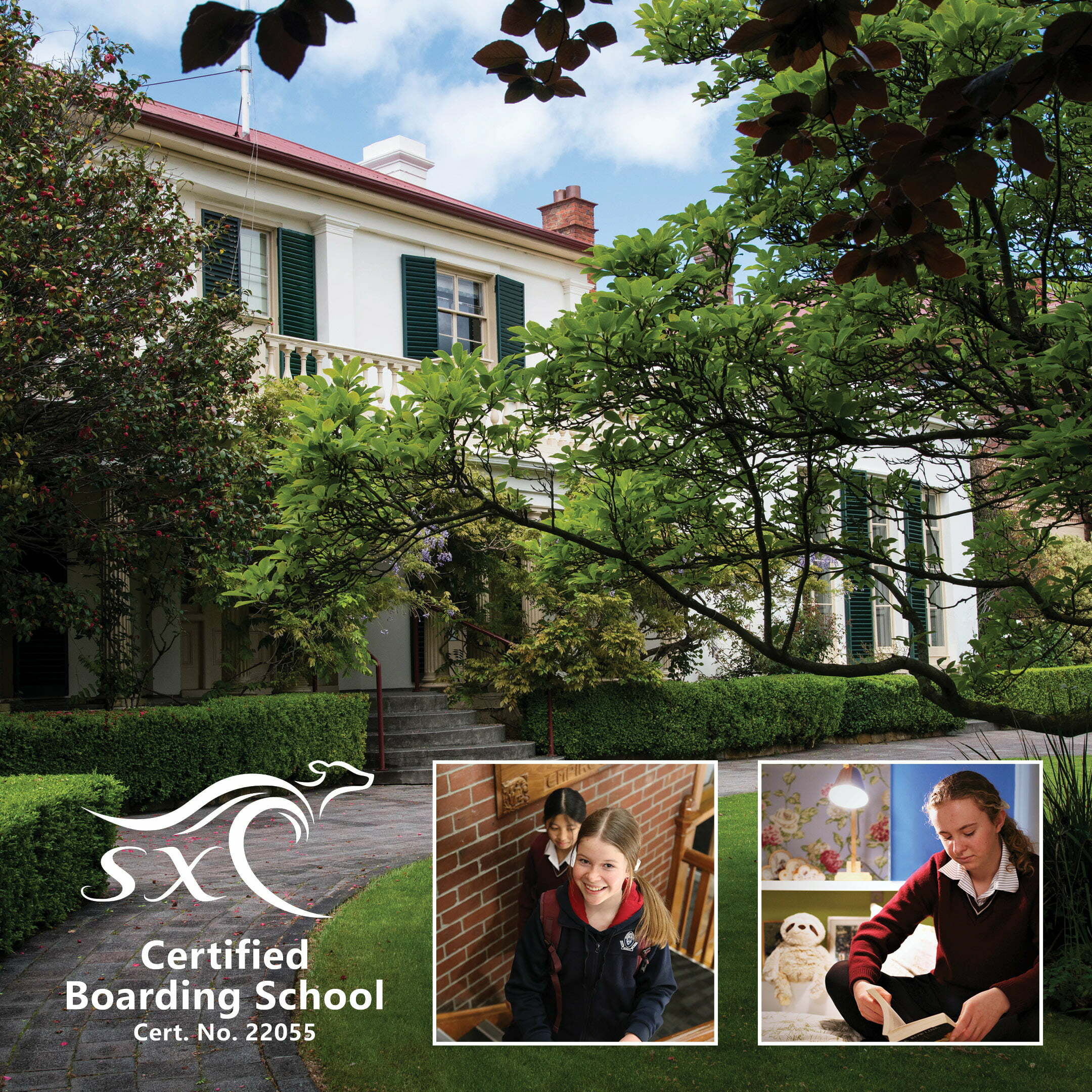 Photo of the front of the boarding house with the SXC logo and text Certified Boarding School Cert. No. 22055